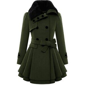Women's Army Green Zeagoo Winter Trench Coat Faux Fur Lapel Double Breasted